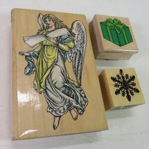 angel, gift, and snowflake wood mounted rubber stamps Christmas / Winter
